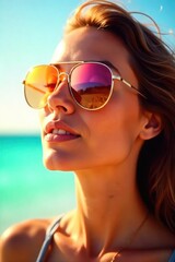 Stylish sunglasses reflecting the bright summer sun, casting a vibrant glare Perfect for travel, beach, summer, or fashion related projects , frame, outdoor