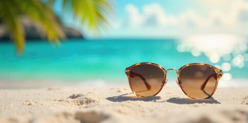 Stylish sunglasses resting on a vibrant summer beach scene, perfect for travel and vacation brochures Enjoy the sun safely and in style , accessories, wave, quality