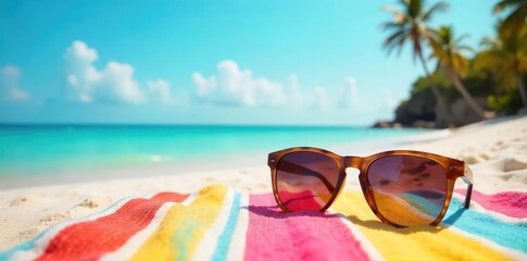 Stylish sunglasses resting on a vibrant summer beach towel, under a bright sunny sky Perfect for travel, vacation, and summer vibes Enjoy the sunny days!, sunglasses, blue