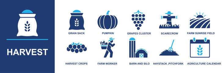 Harvest icon set. Containing grain sack, pumpkin, grapes cluster, scarecrow, farm sunrise field, harvest crops, farm worker, barn and silo, haystack pitchfork, agriculture calendar and more. Solid vec
