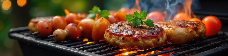 Summer grilling sale event banner featuring sizzling burgers, hot dogs, and kebabs on a charcoal grill, perfect for backyard BBQ promotions ,  seafood,  affordable
