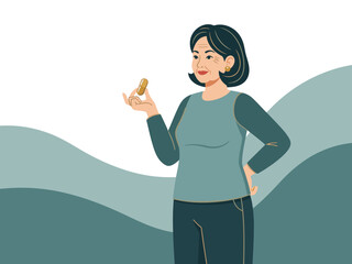 active senior woman confidently holds pill embodying a lifestyle of daily wellness The image features a soft modern illustration style with a calming color palette
