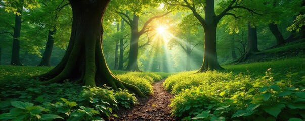 Sun-dappled forest floor, lush green undergrowth, ancient trees reaching for the sky, dappled sunlight filtering through leaves ,  woodland,  sunlight,  forest background