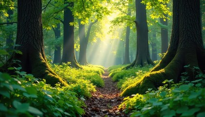Sun-dappled forest floor, lush green undergrowth, ancient trees, dappled sunlight filtering through leaves, tranquil woodland scene, peaceful nature, serene environment , dappled light, fern, woods