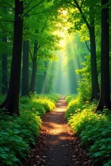 Sun-dappled forest path winding through lush green canopy, dappled sunlight filtering through leaves Perfect for nature, travel, and environmental themes , adventure, canopy