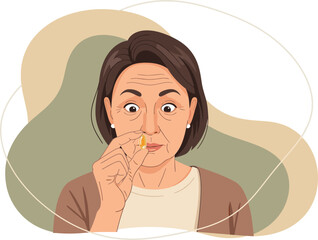 elderly woman focuses intently on single pill conveying a message of self-care and prioritizing personal well-being Soft warm tones and a close-up shot create a comforting and approachable image