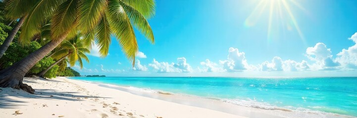 Sun-drenched beach scene with vibrant turquoise water, palm trees swaying gently in the breeze, and soft white sand  Perfect for summer holiday themed projects , holiday, nature