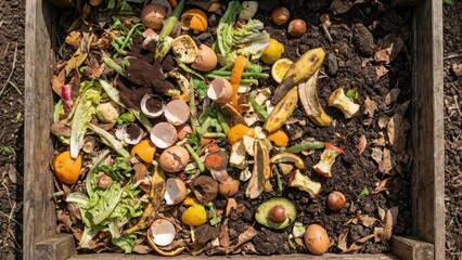 Compost bin filled with organic kitchen scraps for sustainable gardening
