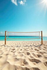 Sun-drenched beach volleyball court, glistening sand, clear blue ocean in the background Ready for a game of beach volleyball Perfect summer vacation scene , tropical, horizon