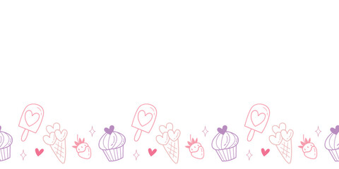 Horizontal decorative border with dessert icons Valentine s Day themed illustration in doodle style.