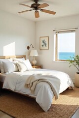 Fototapeta premium Sun-drenched California bedroom with coastal vibes Whitewashed walls, natural light, and a relaxed atmosphere create a serene space Perfect for a tranquil escape , sophisticated, serene, luxury
