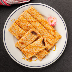 Crepes with chocolate sweet dessert tasty snackfresh gourmet food background on the table  rustic food top view copy space