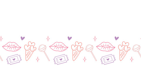Seamless horizontal decorative border with dessert icons Valentines Day themed illustration.