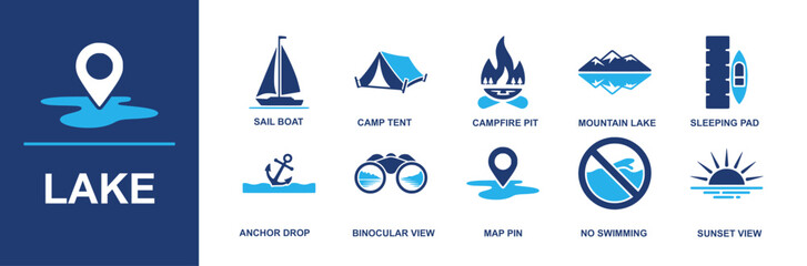 Lake icon set. Containing sail boat, camp tent, campfire pit, mountain lake, sleeping pad, anchor drop, binocular view, map pin, no swimming, sunset view and more. Solid vector icons
