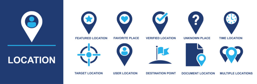 Location icon set. Containing featured location, favorite place, verified location, unknown place, time location, target location, user location, destination point, document location, multiple locatio