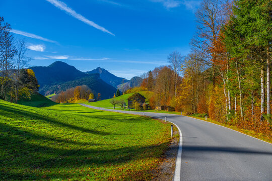 Road between Bizau and Schnepfau with fall colors, Bregenzer Wald Region, State of Vorarlberg, Austria