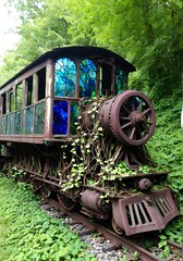 Abandoned Train Engine Overgrown Stained Glass Vines Wheels Fused