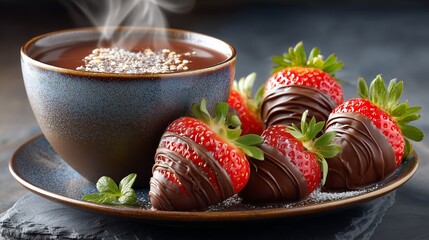 Delicious Chocolate Covered Strawberries with Hot Cocoa on Rustic Plate