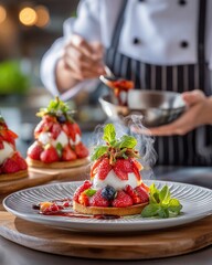 Gourmet Dessert with Fresh Berries and Mint Garnish in Elegant Presentation