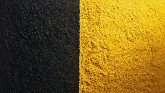 Closeup of black and yellow textured wall surface, natural rough finish, split vertically, concept of contrast and duality