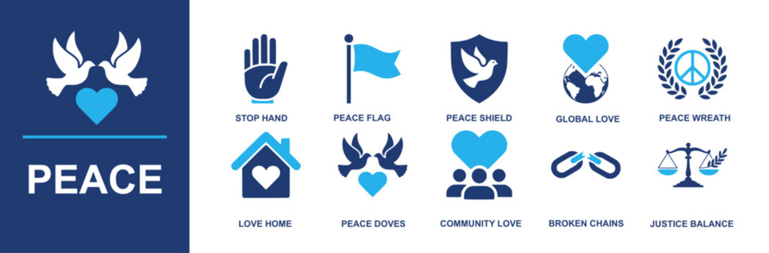 Peace icon set. Containing stop hand, peace flag, peace shield, global love, peace wreath, love home, peace doves, community love, broken chains, justice balance and more. Solid vector icons