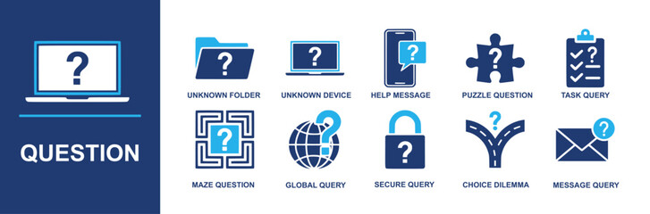 Question icon set. Containing unknown folder, unknown device, help message, puzzle question, task query, maze question, global query, secure query, choice dilemma, message query and more. Solid vector