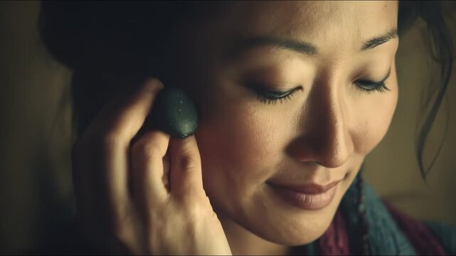 Close-up of a woman with closed eyes, holding a small object near her ear