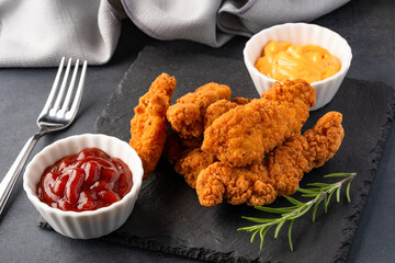 Fried chicken breast strips on black table background. Delicious chicken crisps	
