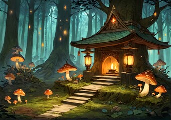 Quiet Woodland Shrine Carved Tree Roots Mushrooms Soft Mossy