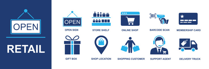 Retail icon set. Containing open sign, store shelf, online shop, barcode scan, membership card, gift box, shop location, shopping customer, support agent, delivery truck and more. Solid vector icons