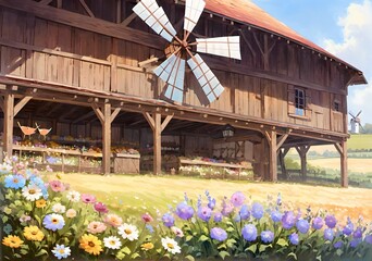 Windmill Barn Painted Pastel Colors Dried Flowers Hanging Beams
