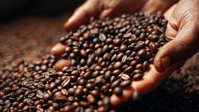 Close-up of hands holding and pouring dark roasted coffee beans for brewing process