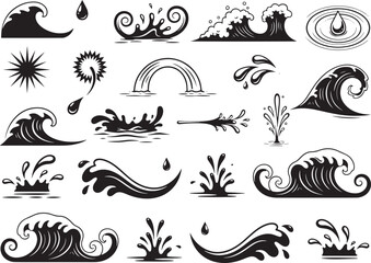 Collection of various wave and splash silhouettes in different styles and shapes