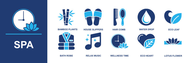 Spa icon set. Containing bamboo plants, house slippers, hair comb, water drop, eco leaf, bath robe, relax music, wellness time, eco heart, lotus flower and more. Solid vector icons