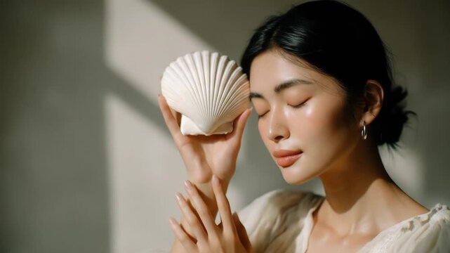 A woman holds a shell, eyes closed. The scene is bathed in soft sunlight