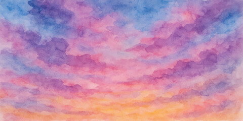 Abstract colorful watercolor background with texture of nature's beautiful sky, clouds, and light in blue, orange, red, and yellow hues of a stunning sunset or sunrise