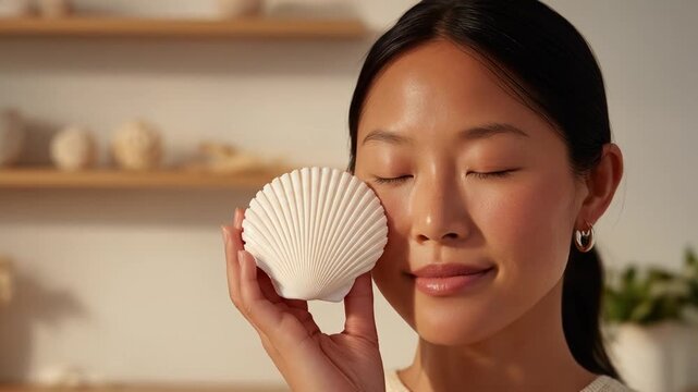 A woman holds a seashell next to her face, eyes closed, appearing relaxed. Blurred wooden shelves behind
