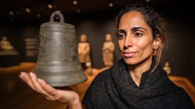 A woman holds a large, weathered bell, looking at it, in a museum setting. Background includes blurry statues