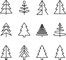 Fototapeta premium Minimalist Christmas Tree Outline Icons Set. Simple Geometric Pine and Evergreen Graphic Symbol Collection for Winter Holiday Design, Vector Line Art.