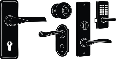 Line art vector set showing five door handles and lock plates close up with keyed cylinder thumb turn keypad and modern and vintage lever designs illustration