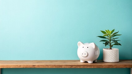 White ceramic piggy bank and small green plant on wooden shelf against turquoise wall