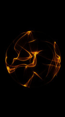 Golden glowing digital orb with flowing light filaments forming warm abstract fractal shapes on a dark futuristic background.