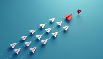Red paper plane leads group of white planes towards destination marker. Illustration represents innovation, leadership in business strategy. Ambition, direction, competitive advantage.