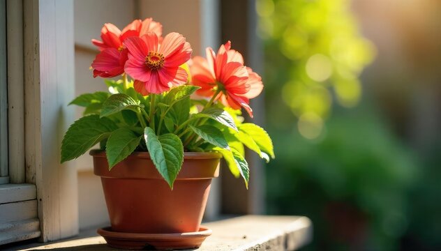 Fototapeta Vibrant potted flowering plant in a rustic terracotta pot, bathed in sunlight  Perfect for home decor, gardening, and springtime themes ,  pink,  spring