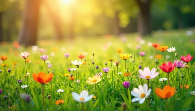 Fototapeta Vibrant spring landscape featuring blooming wildflowers in a lush green meadow bathed in warm sunlight, perfect for springtime themes , flora, spring