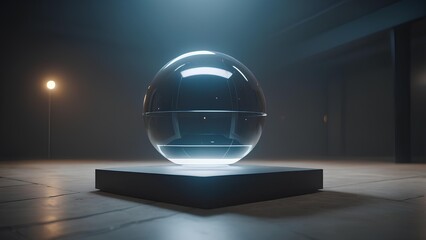 Cinematic levitating orb illuminated by a soft glow on a display pedestal, evoking mystery and wonder in a dark, atmospheric setting