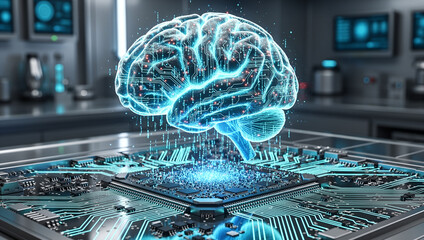 Glowing artificial intelligence brain over futuristic circuit board