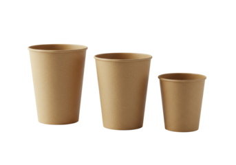 three clean, identical kraft paper disposable beverage cups (l, m, s) staggered, isolated on a transparent background, high-key studio light. concept for commercial packaging mockup