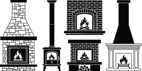 Line art front view set of four fireplace silhouettes including brick fireplace wood stove vintage mantel modern hood with visible logs and stylized flame icons cozy