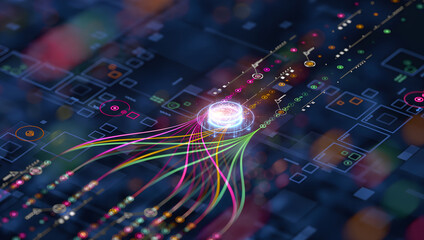 Abstract glowing orb with colorful light trails on a dark circuit board background